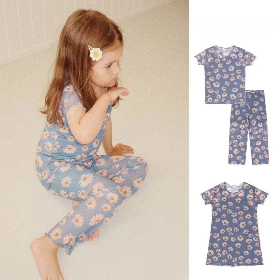 

2025 Summer KS Children's Clothing Baby Girls Mesh T Shirts Trousers Pants Suits Kids Clothes Girls Daisy Print Suspender Dress