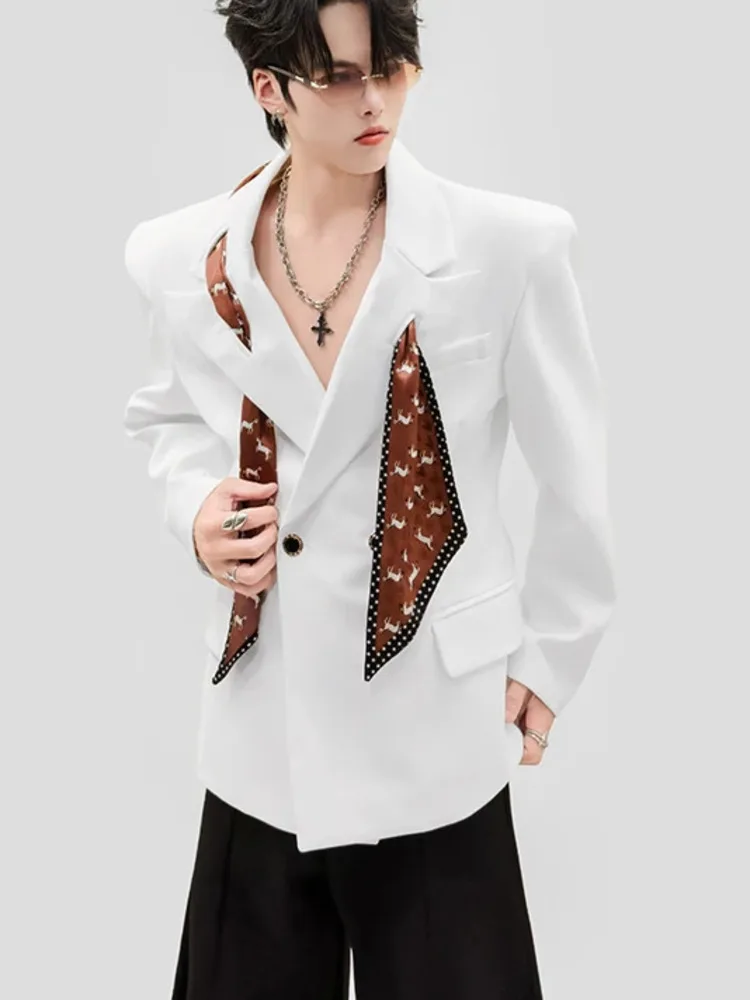 French Scarf Decor Shoulder Padded Blazer Men Casual Waist Cinched Suit Lapel Single Button Street Outer Jacket VDX4