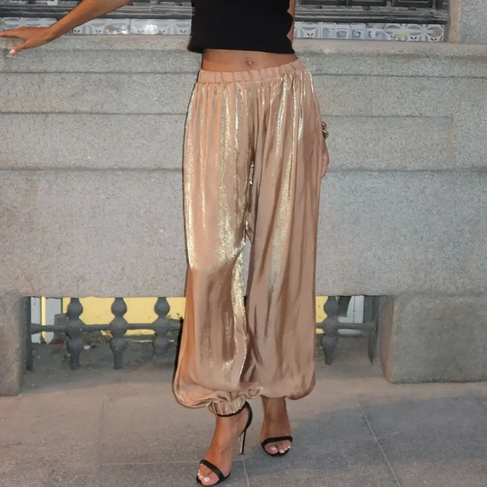 Lässige, lockere Satin-Laternenhose mit elastischem Bund, elegante, hochtaillierte Hose, lange, hochtaillierte Crêpe-Loose-Bloomers für Frühling und Sommer