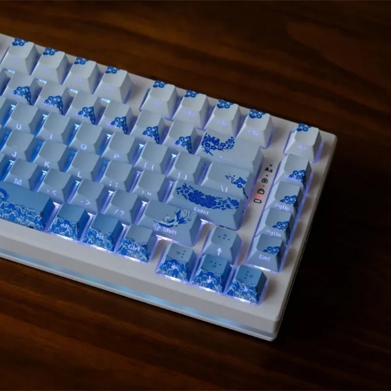 136 teclas pbt keycaps cereja altamente gravado lateralmente translúcido tampa de chave azul e branco porcelana personalizada ou teclado mecânico