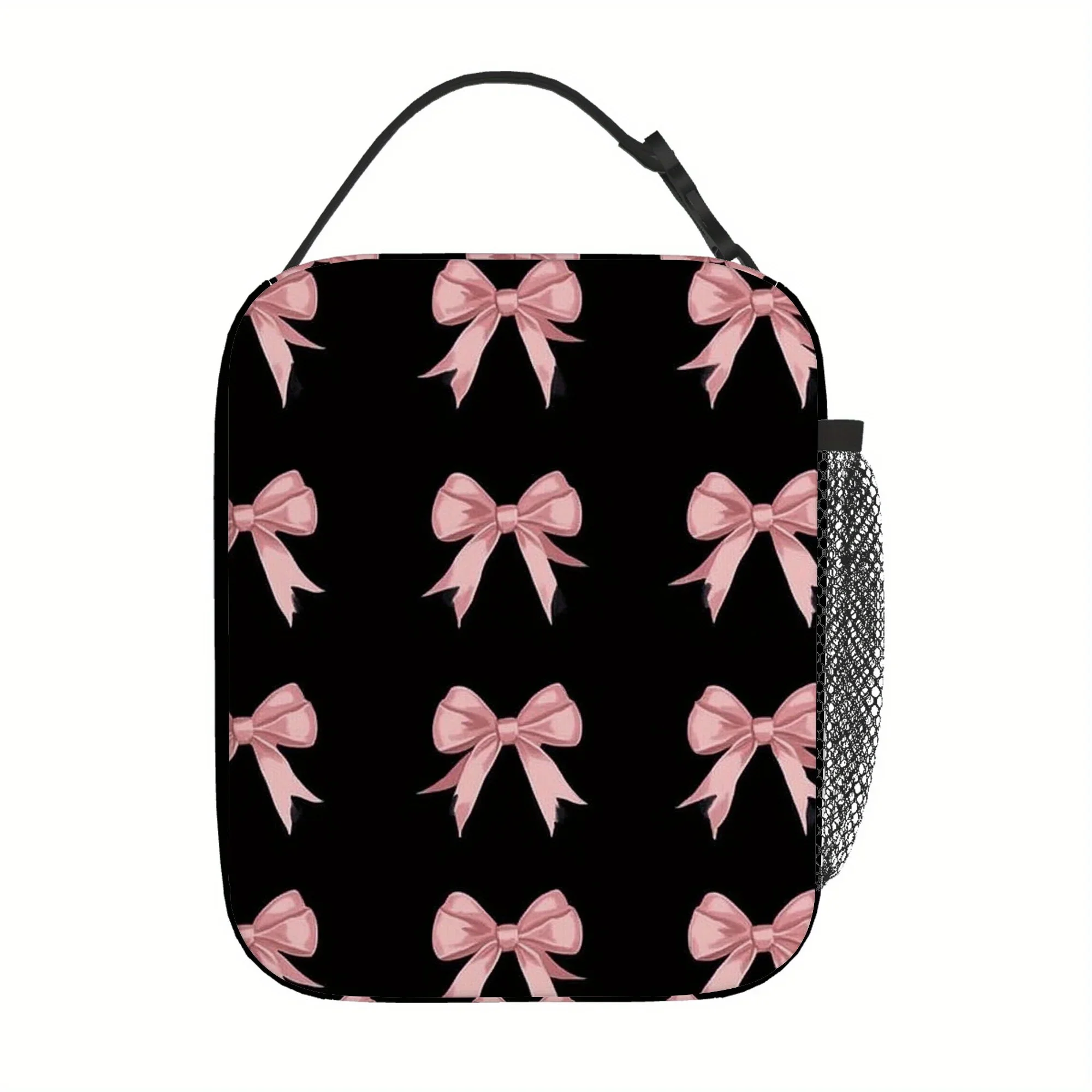 1pc,  Bows on Black Background Printed Thermal Bag, Insulated Bag, No Food Contact, Suitable for Home, Restaurant, Office, Unise