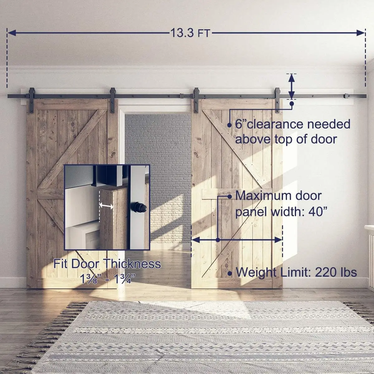 13 FT Double Barn Door Hardware Kit, Sliding Door Track-Smoothly and Quietly -includes Detailed Installation Fit 3