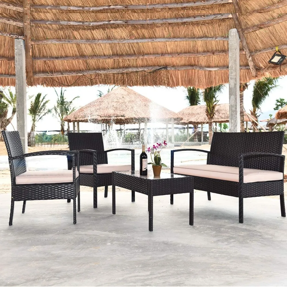 

4 Pieces Patio Furniture Set, Wicker Conversation Set with Water-Resistant Cushion & Tempered Glass Table, Porch Deck Furniture