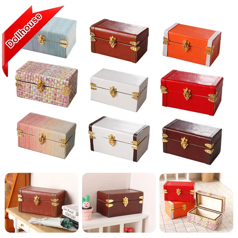 1:12 Valigia in miniatura per casa delle bambole Scatola per bagagli in pelle vintage Scatola di immagazzinaggio Modello per la casa Decorazione Accessori per casa delle bambole giocattolo