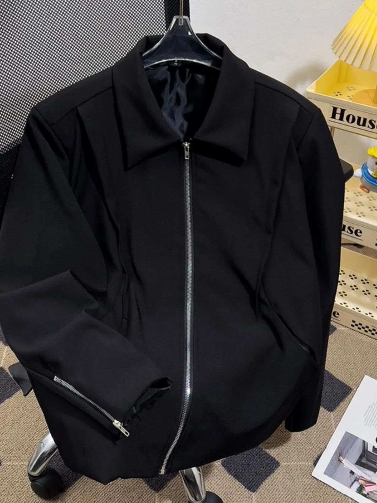 

Spring Autumn 2024 Men's Pilot Sle Jaet Pad oulder Loose Fit Zipper Coat Casual Loose Collar Outerwear for Youth