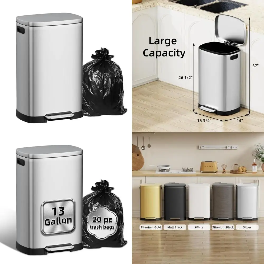

50L Stainless Steel Kitchen Trash Bin with Soft-Close Lid, Touch-Free Operation, Odor Control, Silver