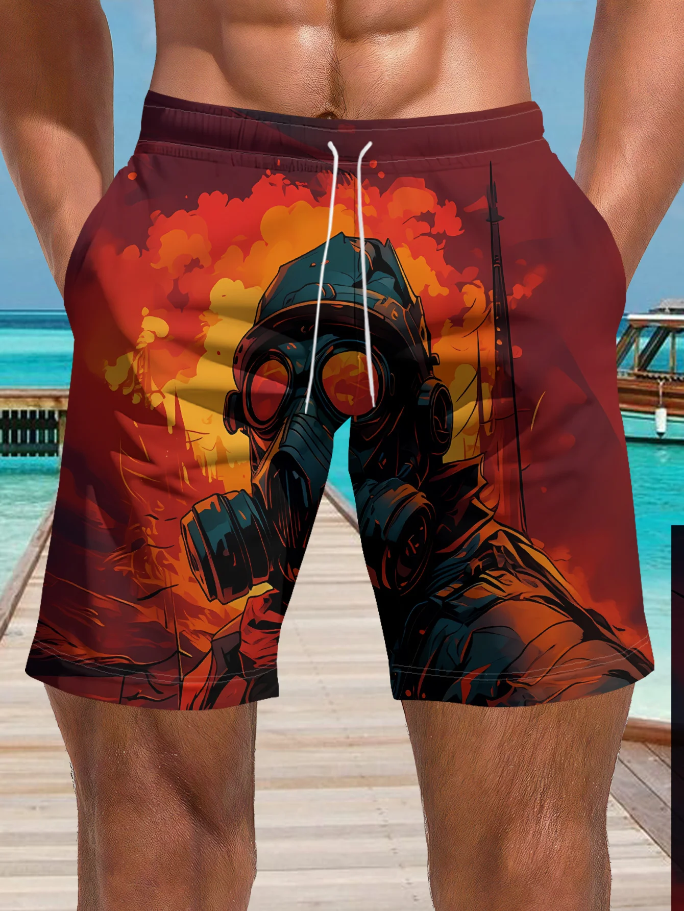 Mens Gas Mask Fire Print Quick Dry Drawstring Waist Beach Shorts Swim Trunks 2026