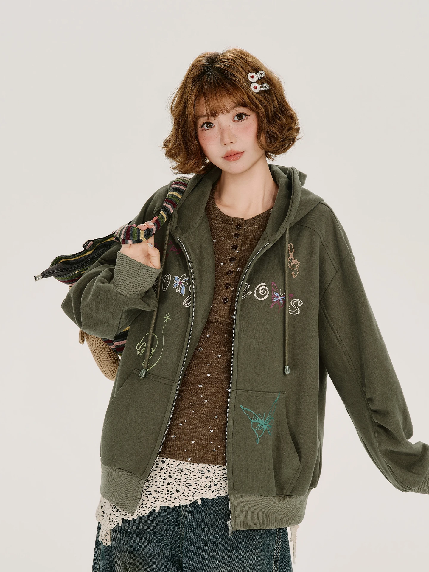Girlyhalo American Style Vintage Hooded Printed Sweatshirt Cardigan Women's Autumn Winter Loose Casual Fleece Lined Jacket
