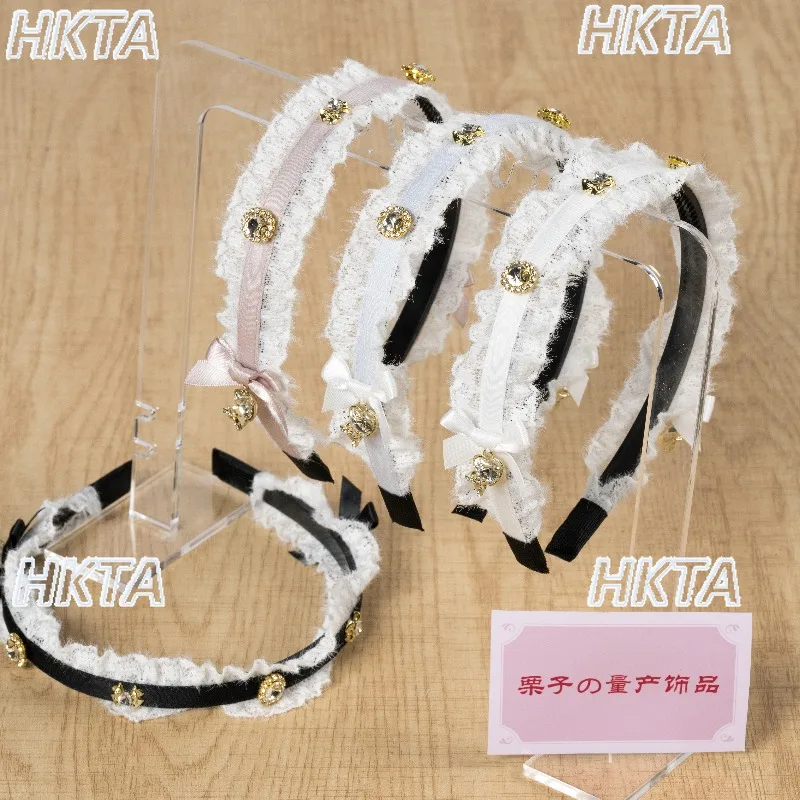 

Japanese Mass produce Winter Plush Lace Rhinestone Bow Headband Lolita Hair Clip Headwear Sweet Versatile Hair Accessories Women