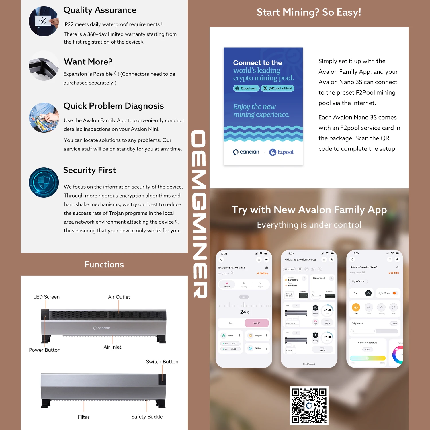 New Arrive Canaan Avalon Mini 3 37.5Th/s 800W BTC Miner Household Heater ASIC Bitcoin Miner Low Volume Home Use Shipping on Feb