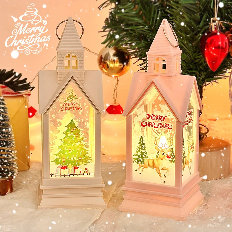 Rosa Weiß Weihnachten LED Wind Laterne Elektronische Kerzenhalter Neujahr Ornamente Retro Schloss Laterne Navidad Schloss Nachtlampe