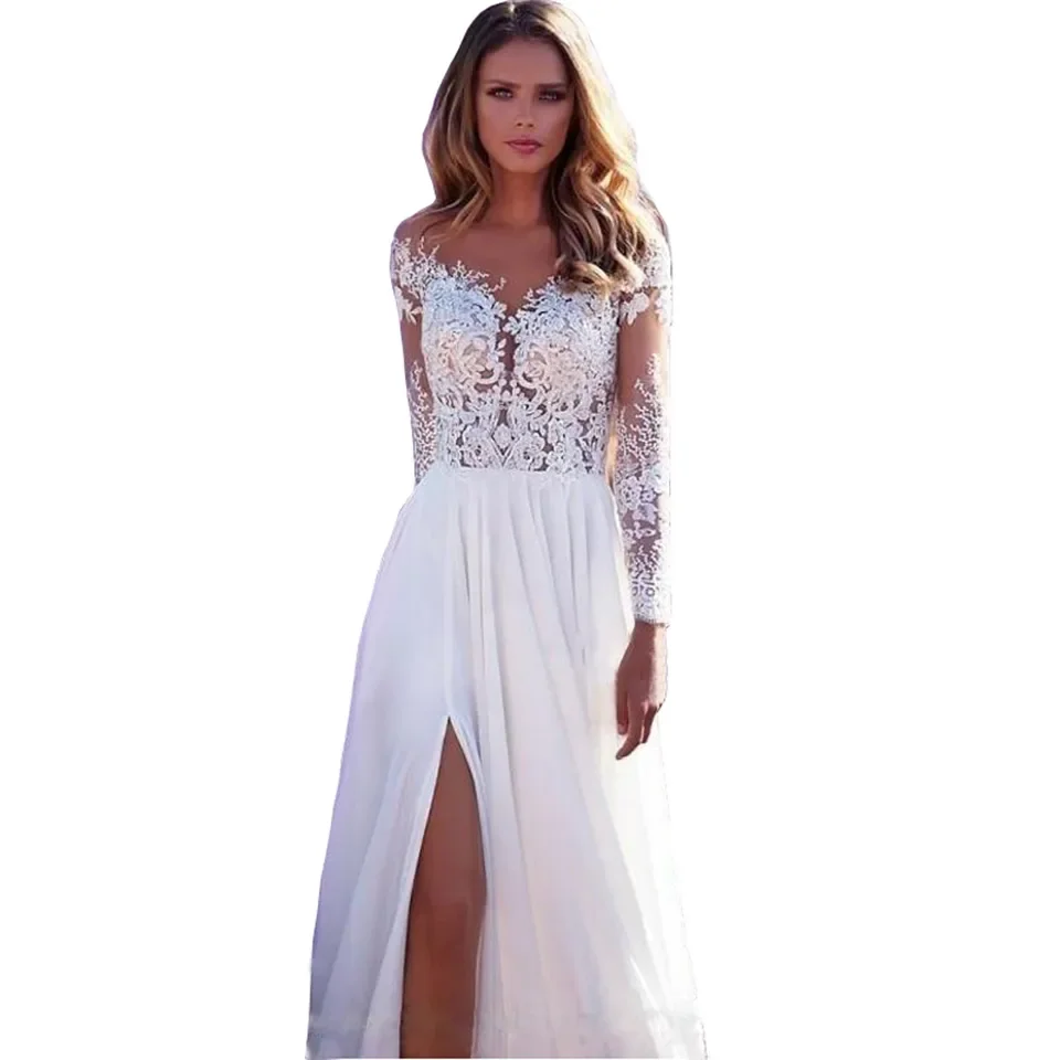 

Lace See-Through Wedding Dress Long Sleeve Straight Shoulder Bridesmaid Dress Chiffon Elegant High Split Party Evening Dress
