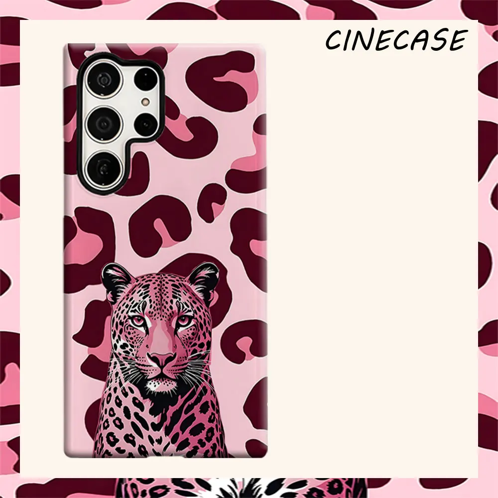 Pink Leopard Portrait For Samsung Galaxy S26 S25 S24 A56 A36 Dual Layer Luxury Fashion Full Lens Protective Case