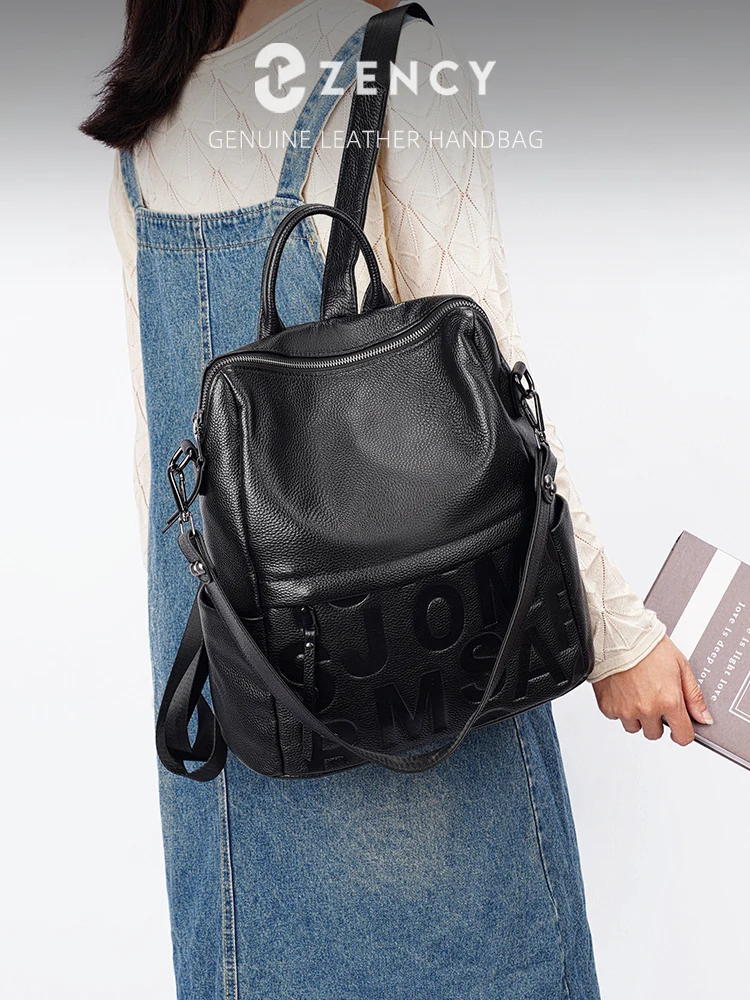 Zency Casual Daypack Genuine Leather Letter Fashion Backpack for Women Multi-pocket Convertible Shoulder Bag for Shopping Work