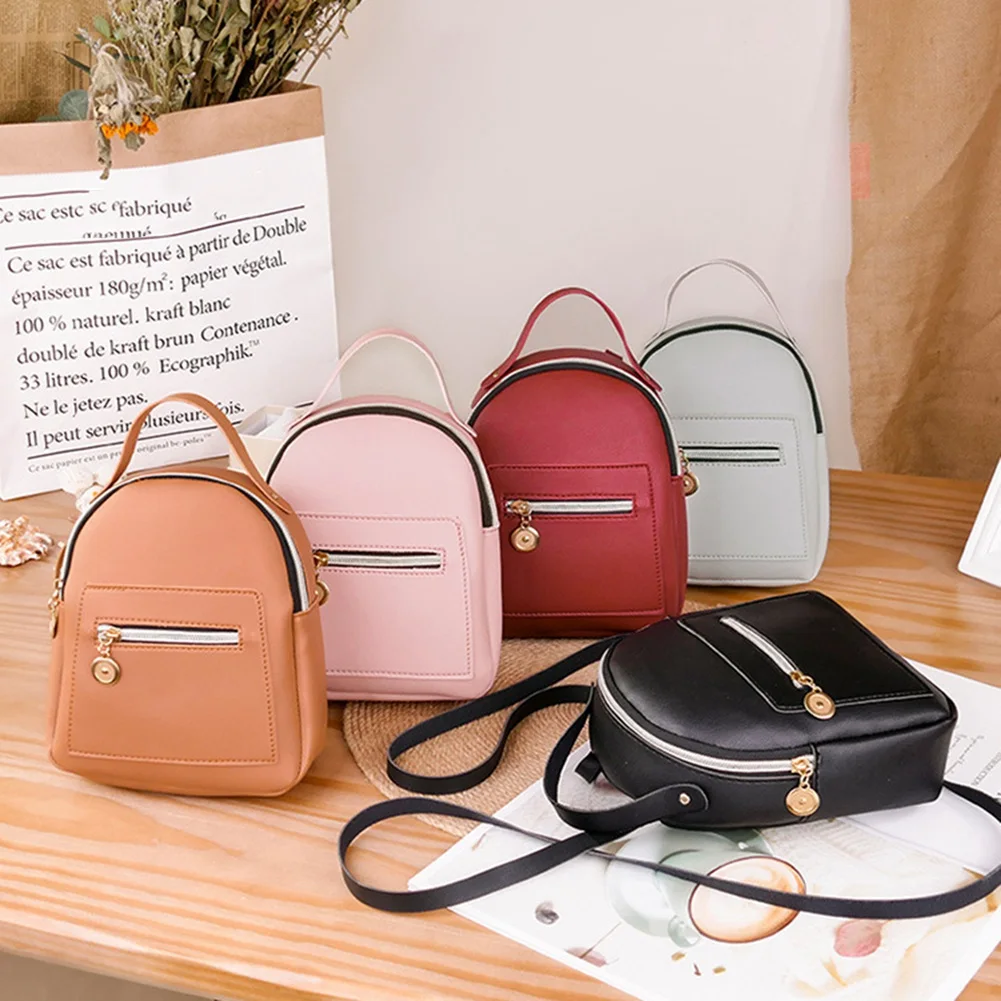 Fashion Ladies One-Shoulder Small Backpack Wallet Mobile Phone Ladies Mini Travel Backpack Pure Color Leather Bag Pink