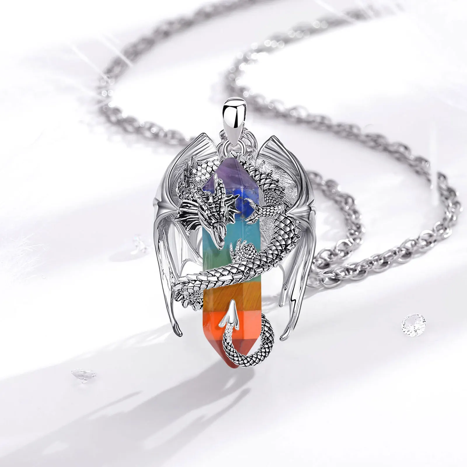 Eudora Dragon Twining Hexagonal Amethyst Prismatic Necklace 7 Color Chakra Healing Stone Crystal Pendant Spiritual Jewelry Gift