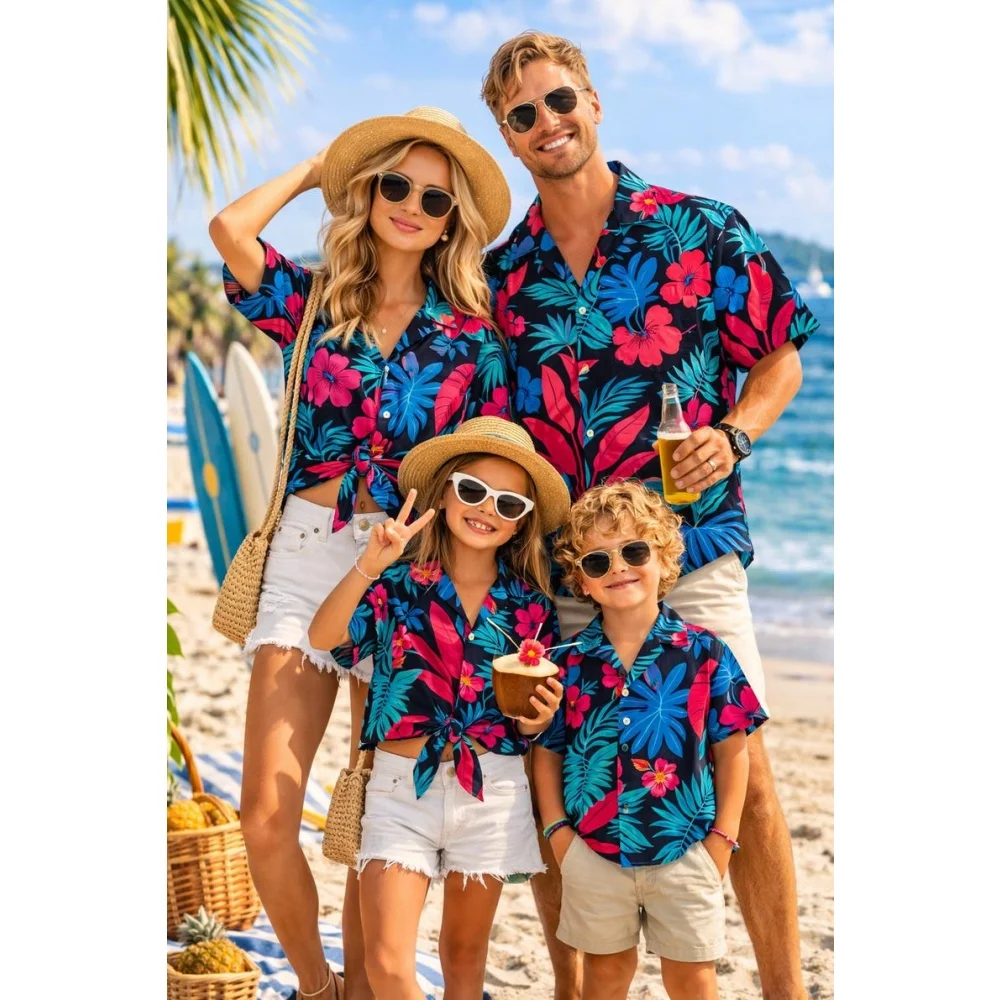 Summer Men's Family Wear Beach Hawaiian Shirt Tropical Sandcastle Palm Tree Vacation Casual Outfit Tops