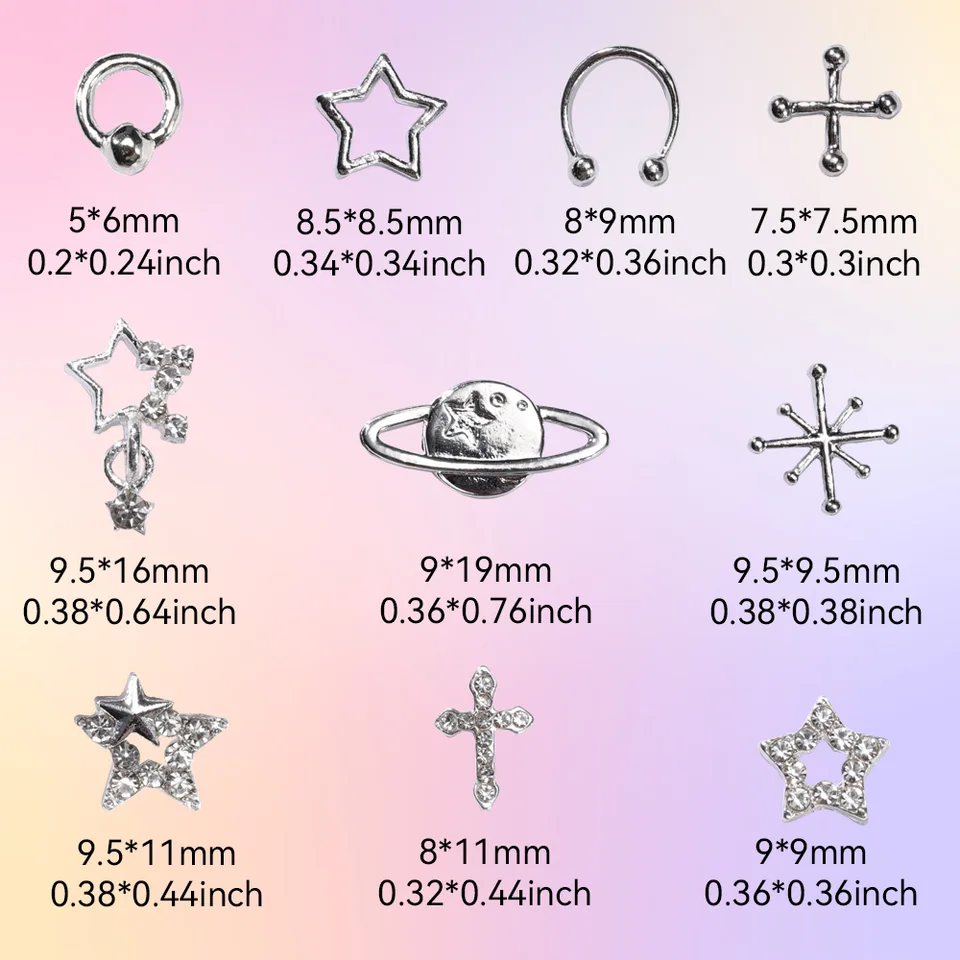 70 piezas de encantos de estrella para uñas acrílicas, decoración de arte de uñas de aleación plateada con estrellas, planetas y cruces, piedras y joyas para uñas 2