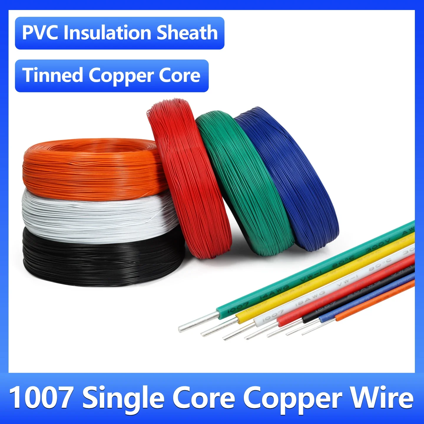 2/5M UL1007 Single Core Tinned Copper Wire PVC Insulation in 14-26 AWG LED Strips & Electronic Projects Accessories Approved