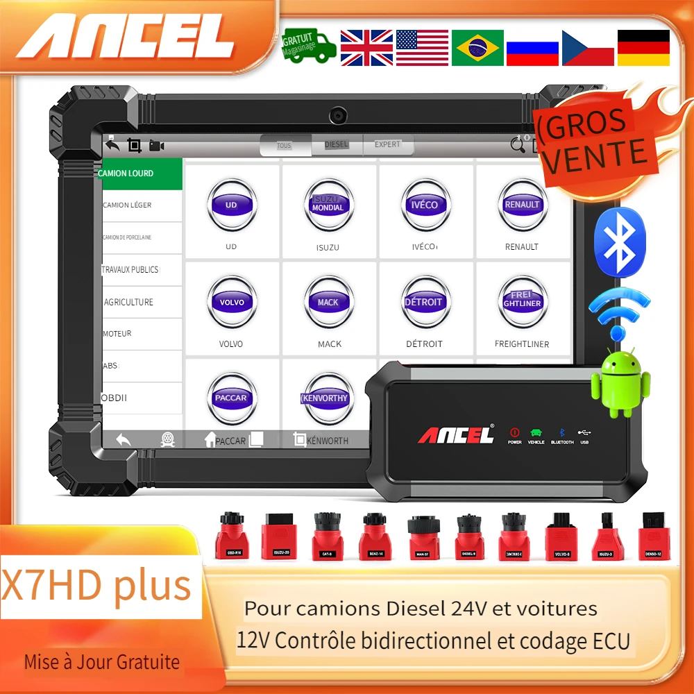 Outil de diagnostic pour camions poids lourds Ancel X7 HD Diesel 2026, réinitialisation ECU, bidirectionnel, 24V 12V, scanner OBD2 toutes fonctions pour camions