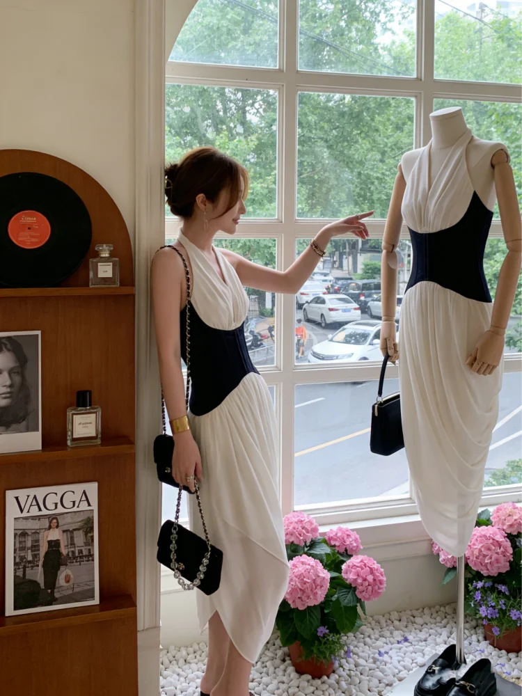 

Модный женский комплект из двух предметов Ele Long Dr Spring 2026: топ с V-образным вырезом и коротким рукавом во французском стиле, для лета и осени