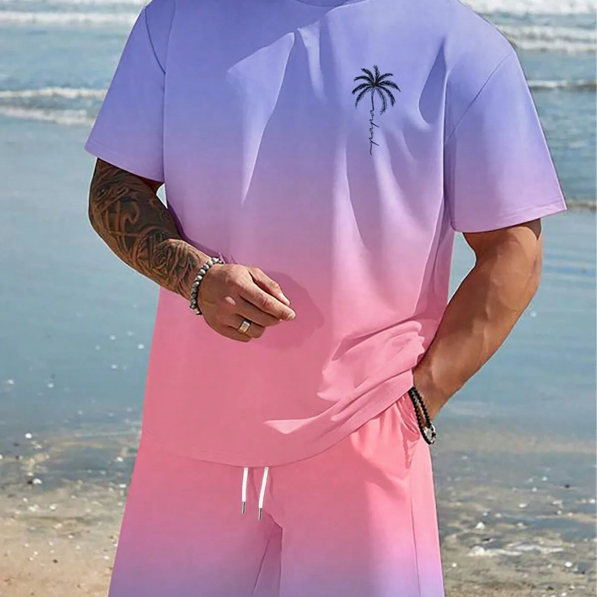Summer 3D Printed T-shirt Shorts Two-piece Set for Men with Gradient Coconut Tree Pattern Casual Trend Set
