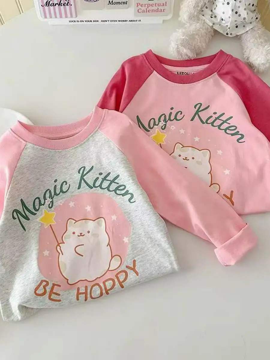 Frühling Herbst Mädchen Baumwoll-T-Shirt Langarm Rundhals Lässig Vielseitig Basisschicht Kinder Reine Baumwolle Rundhals...