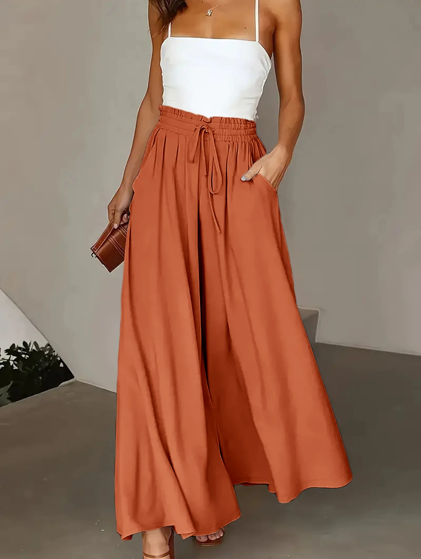 Plus Size Women Fashion Elastic Waist Wide Leg Long Trousers Pockets Casual Solid Loose Female All Match Pants New