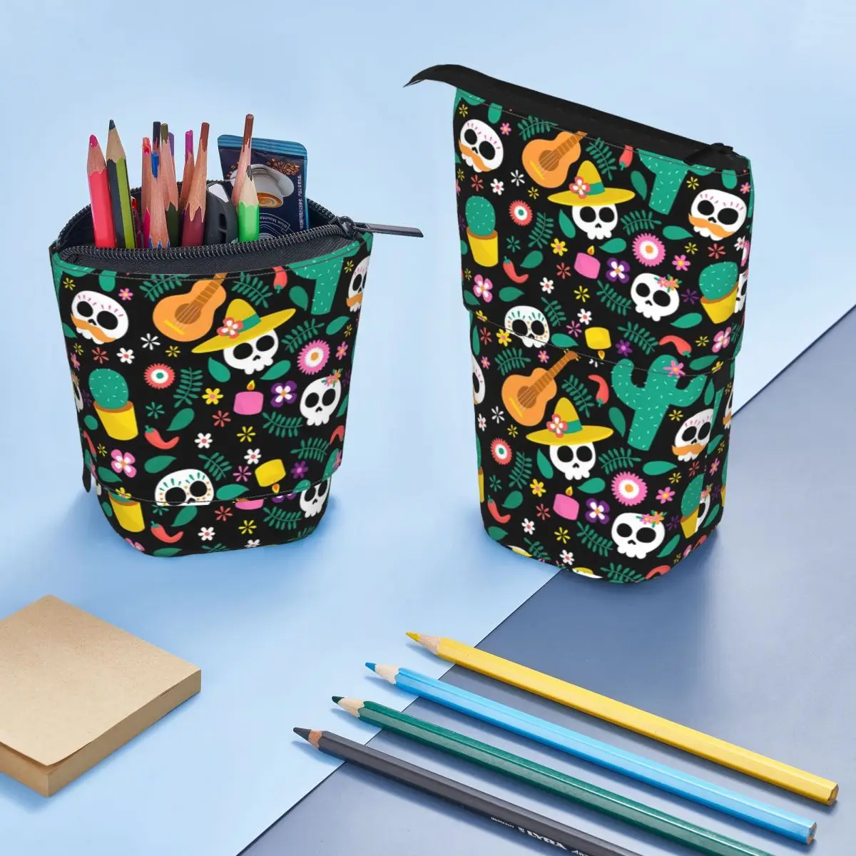 Boîte à Stylos Rétractable avec Motif de Crâne de Sucre Calavera, Étui à Crayons avec Fermeture Éclair pour Étudiant, Cadeau Floral pour Amoureux de la Décoration Mexicaine