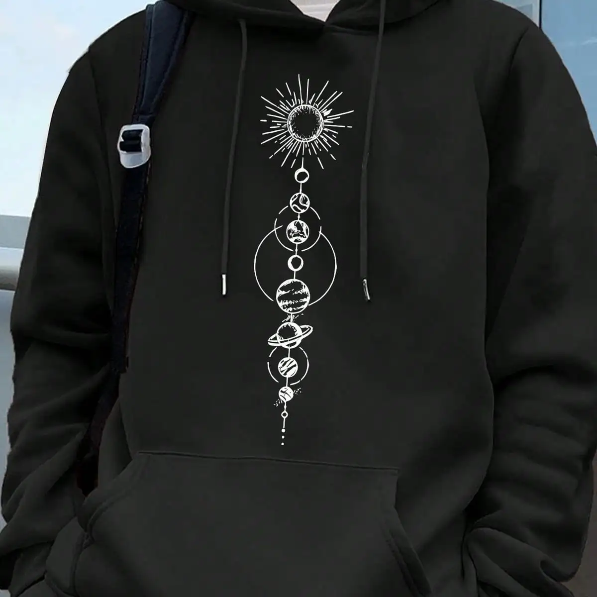 Men Front Print Hoodie, Vertical Solar System Planets Sun Graphic Hooded Sweatshirt, Space Cosmic Casual Loose Pullover Hoodie