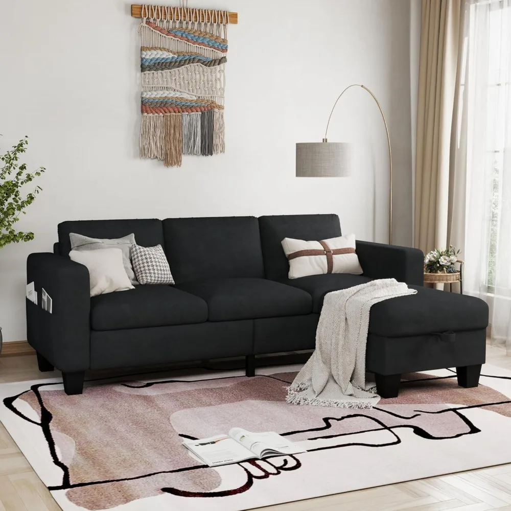 

78'' Convertible Sectional Sofa Couch, Black 3 Seat L-Shaped Couch with Storage Ottoman, Modern Velvet Fabric Couches