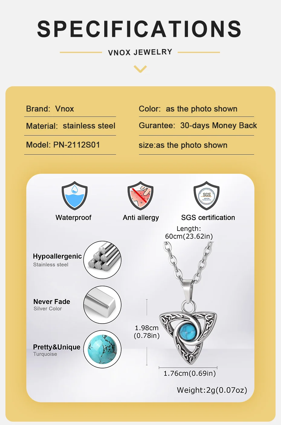 Vnox Türkis-Stein-Halsketten mit keltischem Knoten-Anhänger für Männer und Frauen, Edelstahl, silberfarben, 50 cm, 60 cm, O-Kette, Schmuck, Geschenke – Detail 4