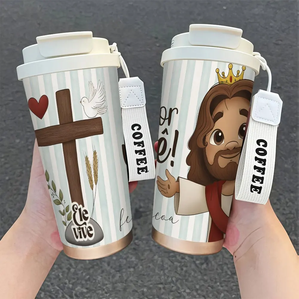 1pc 18oz Stainless Steel Insulated Water Bottle with Straw, Leak-Proof Lid, and Wrist Strap - Jesus Christ Religious Design