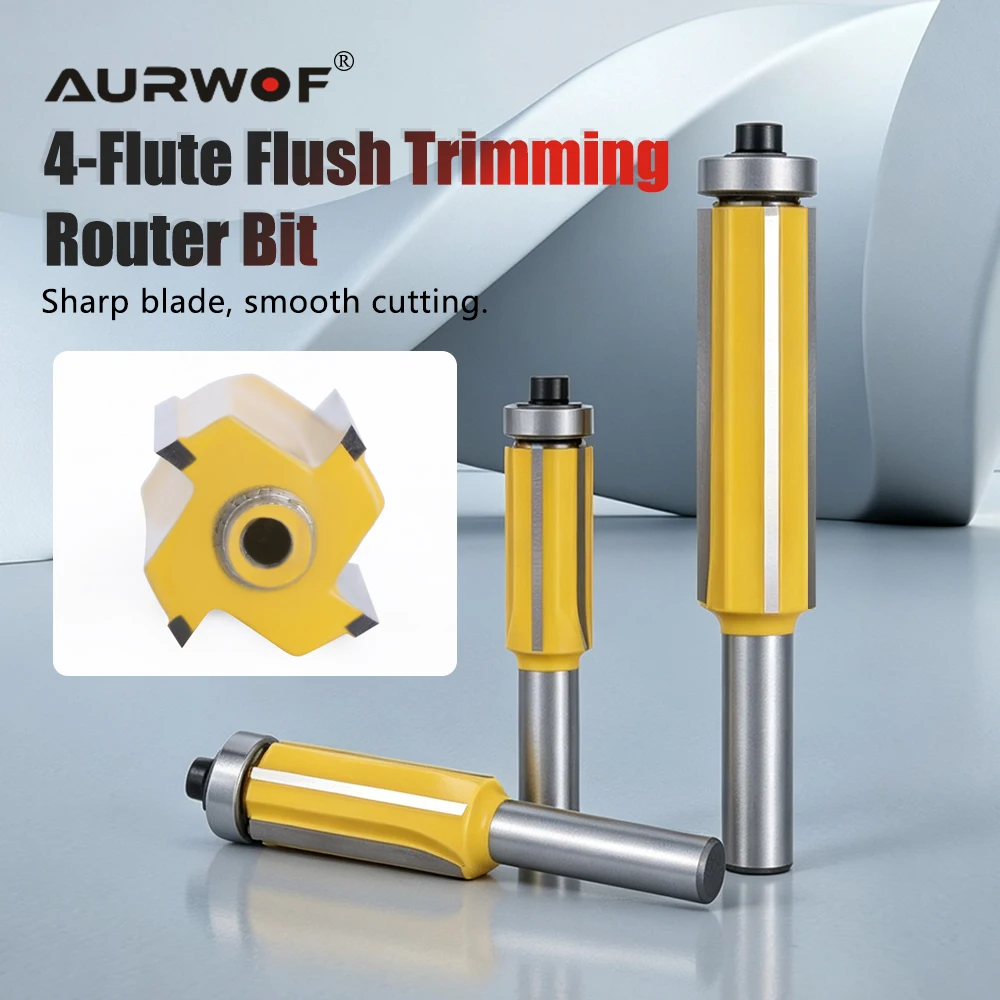 AURWOF 1pc 8mm Shank Flush Trim Router Bit 4 Flute Wood Milling Cutter For Woodworking 14-16mm C08023