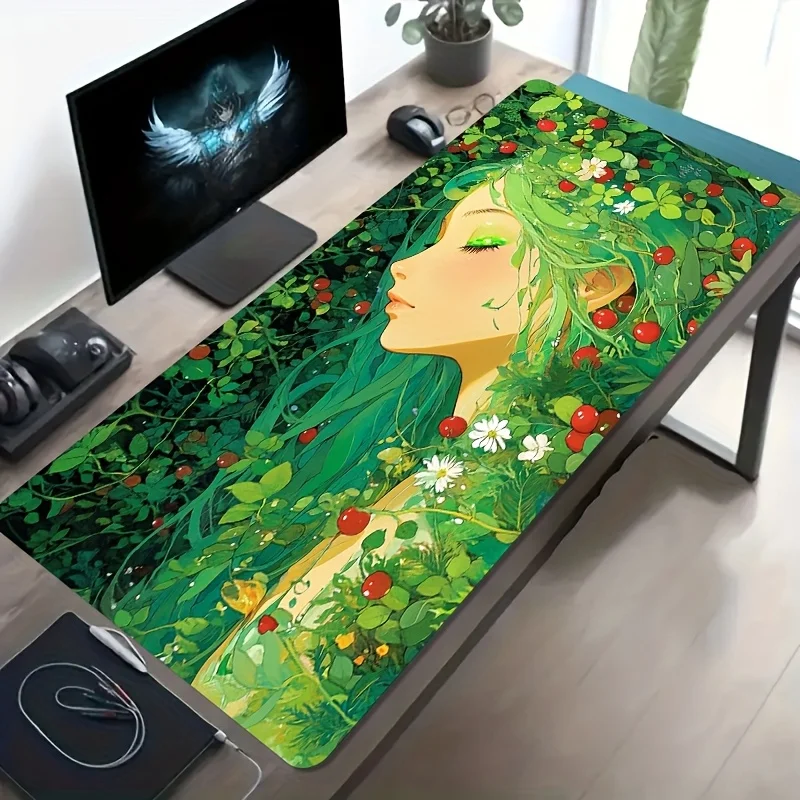 Large Gaming Mouse Pad Natural Green Plant Red Fruit Pattern Non Slip Washable Rubber Base Wide Desk Mat for Office Game Use
