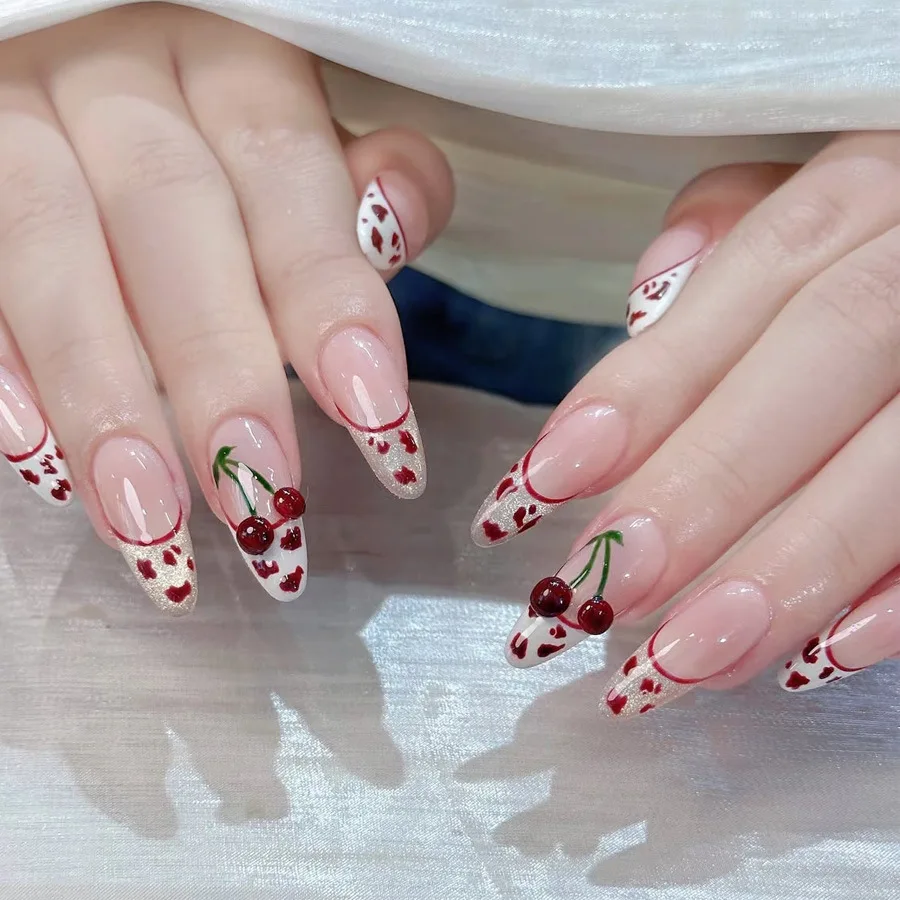 30pcs/set cat eyes fake nails for women girls fashion leopard printing 3D cherry shimmer glossy french tips press on false nails