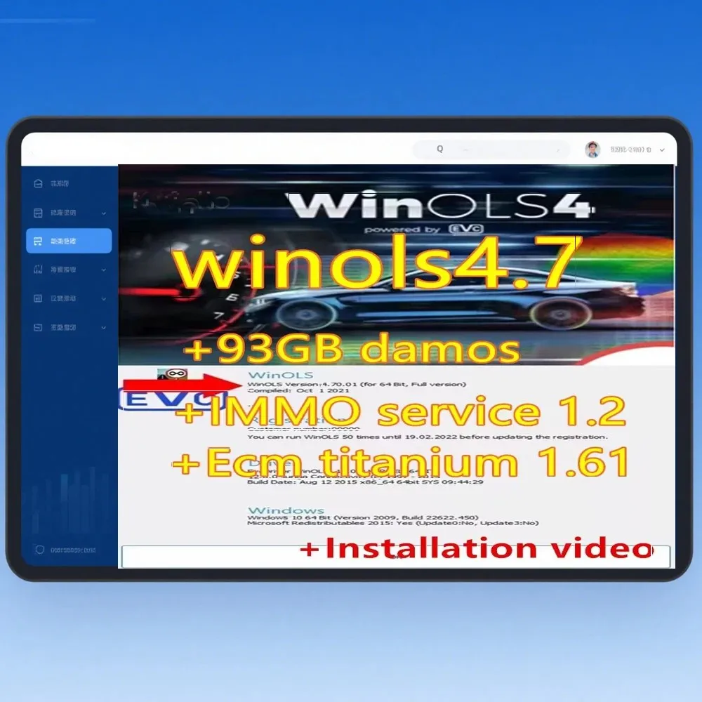 

Newest ECU Programming Tool with Winols 4.7 Software 93GB Damos Files ECM Titanium 26100 Immo Service Tool V1.2 And Install Vide