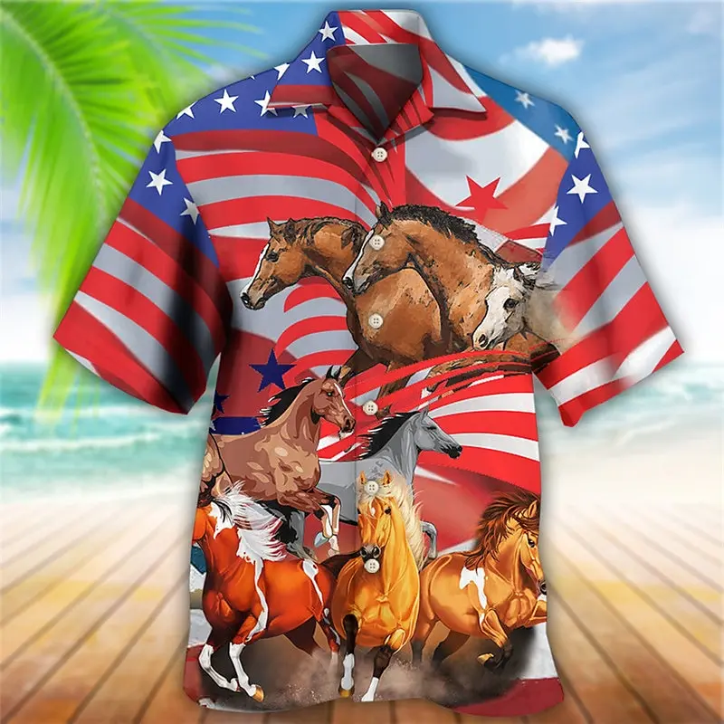 Men's shirt horse pattern printed American flag horse racing outdoor casual short-sleeved printed clothing sports fashion street