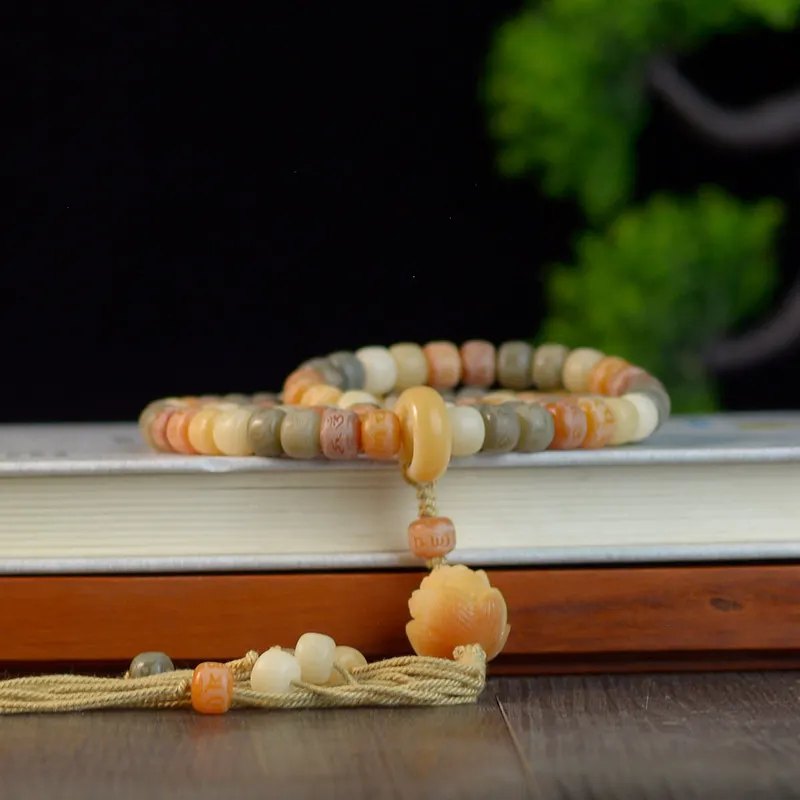 Carved Six Words Colorful Bodhi Root Mala Bracelet Necklace with Tassel and Ring Unisex Jewelry Gifts