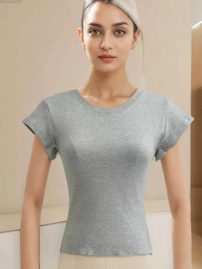 

Women's 2024 Summer New American Style Spicy Girl Short Sleeve T-shirt New Style Solid Color Slim Round Neck Short Top RKLU