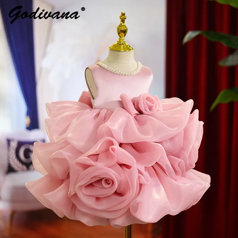 Baby Girls First Birthday Party Princess Dress Childrens Elegant Sweet Pearls O-neck  Sleeveless Tulle 3D Floral Bow Tutu Gown