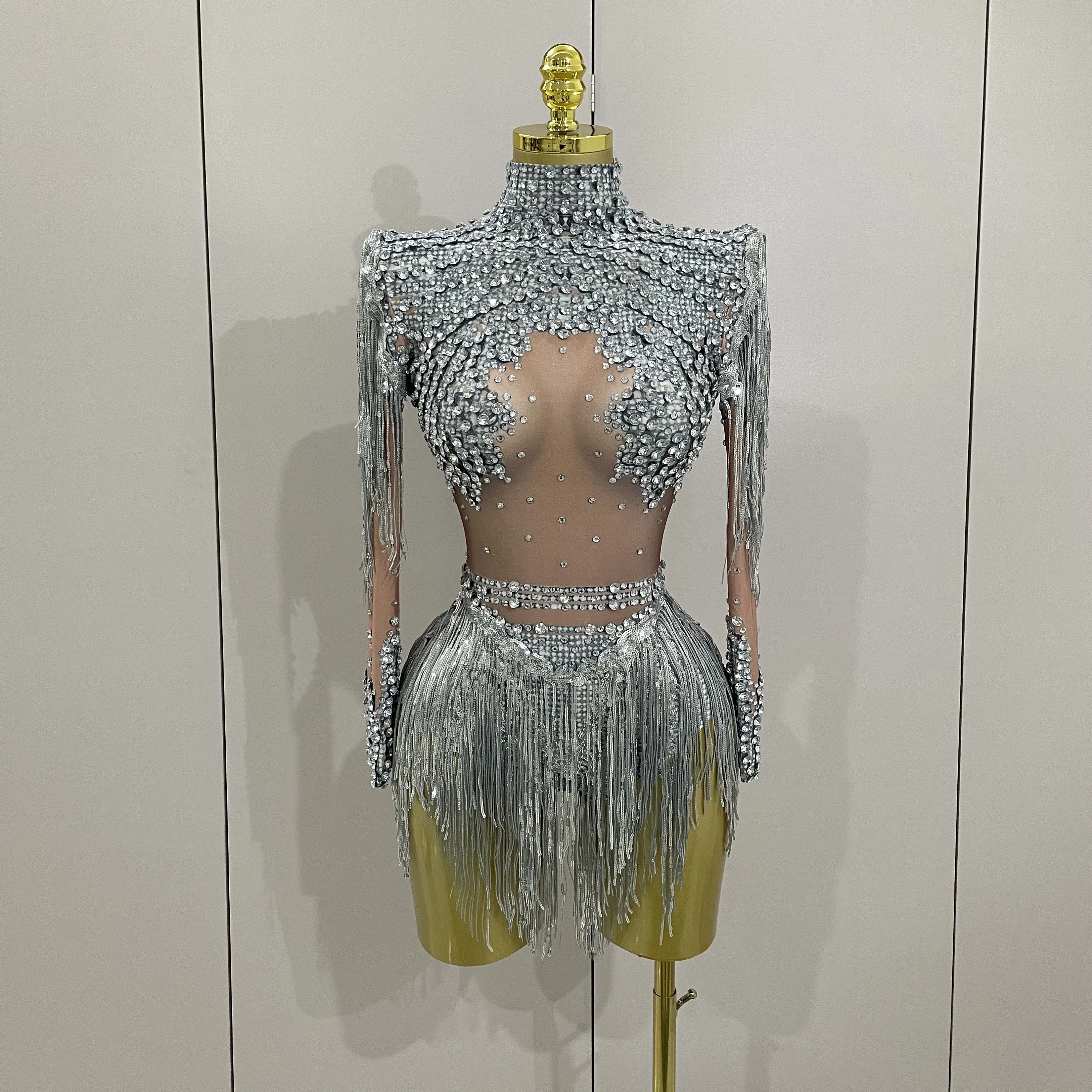 Vrouwen Sparkly Strass Pailletten Kwastje Stretch Body 2025, Nieuwe Collectie Verjaardagsfeestje Nachtclub Dj Stage Performance Kostuum - afbeelding 2
