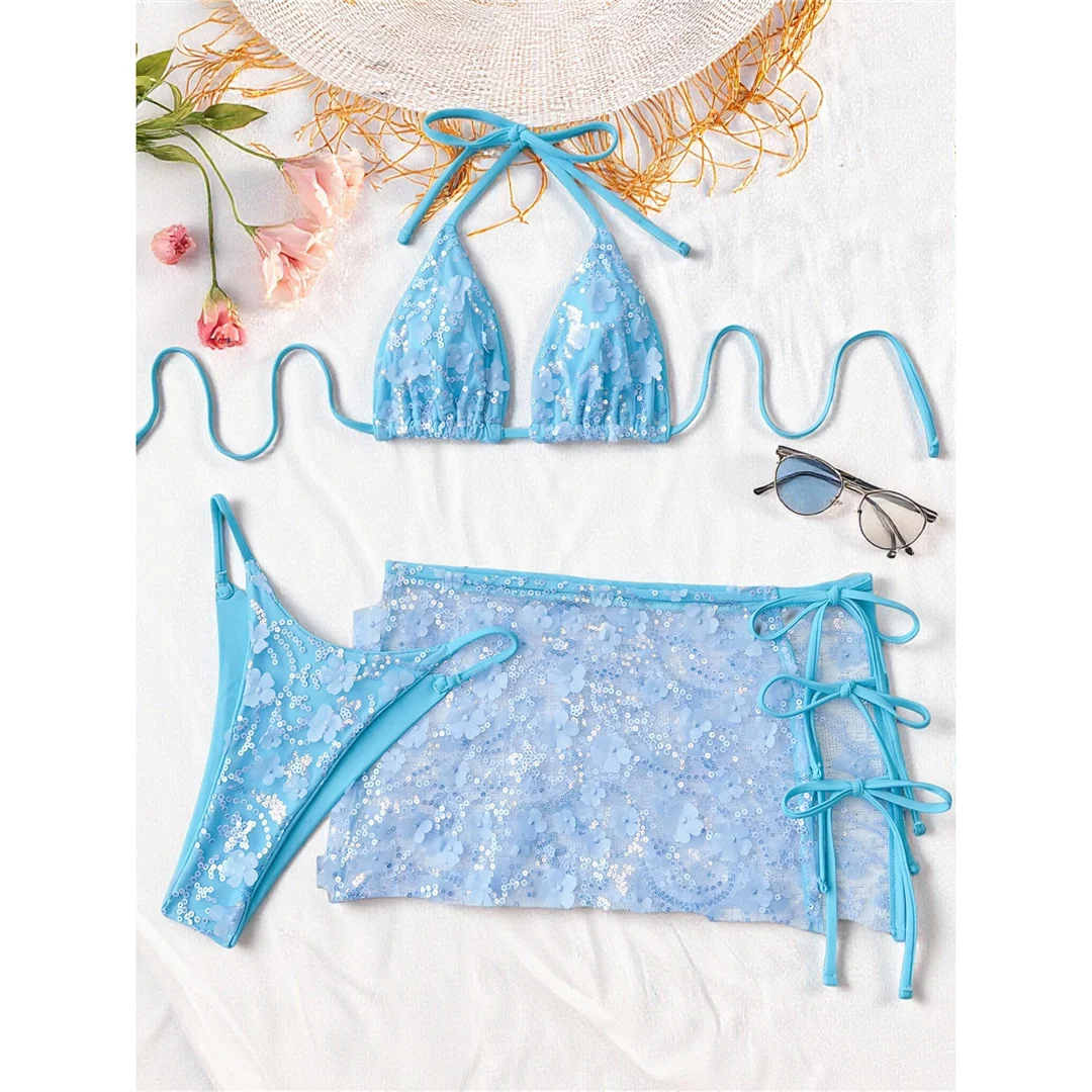 S - XL Dreiteiliges Bikini-Set mit Rock, Blumen, Pailletten, Damen-Bikini, Badeanzug, Badebekleidung, Badeanzug, Schwimmbekleidung V7864 – Detail 24