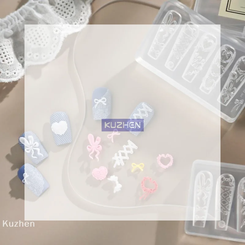 /Kuz/3D Bowknot Silicone Nail Carving Mold Ballet Ribbon Tie Nail Charms Transparent Nails Template Bowtie Manicure Stencil Too