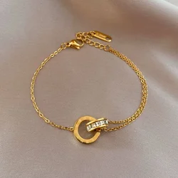 Personality Roman Numeral Double Ring Cross Zircon Bracelet for Women Korea Fashion Gold Color Stainless Steel Bangle Jewelry