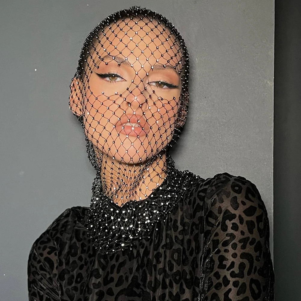 Shiny Balaclava Elastic Rhinestone Headcover Fishnet Mesh Headhood Holiday Party Head Mask Bar Nightclub Diamond Headwrap Hood