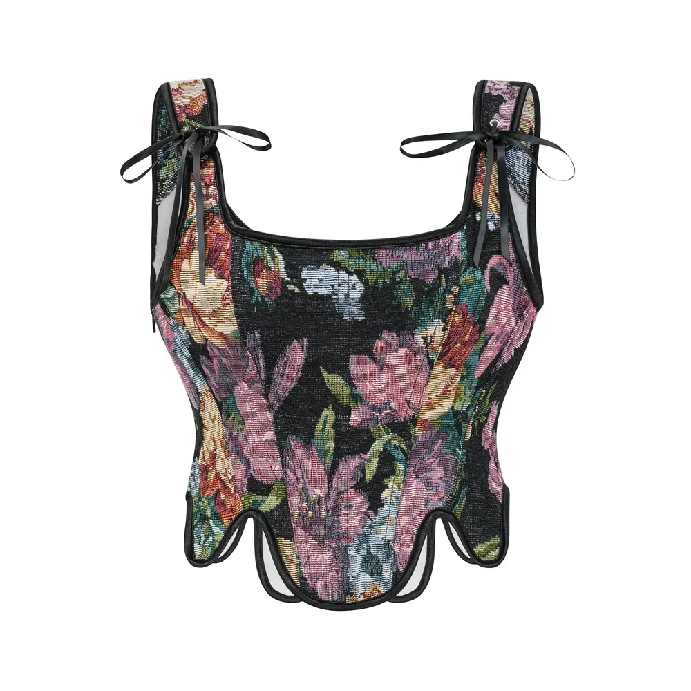 

Retro French Corset with Shoulder Straps Women's Gothic Vintage Flower Oil Printed Brocade Crop Top Bustier Shaperwear Corselet