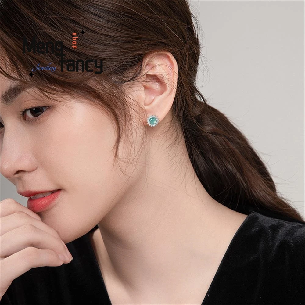 Genuine Natural A-goods Jadeite Blue Water Earrings Ice Jade S925 Silver Inlay Exquisite Elegant Luxury Fashion Charms Jewelry