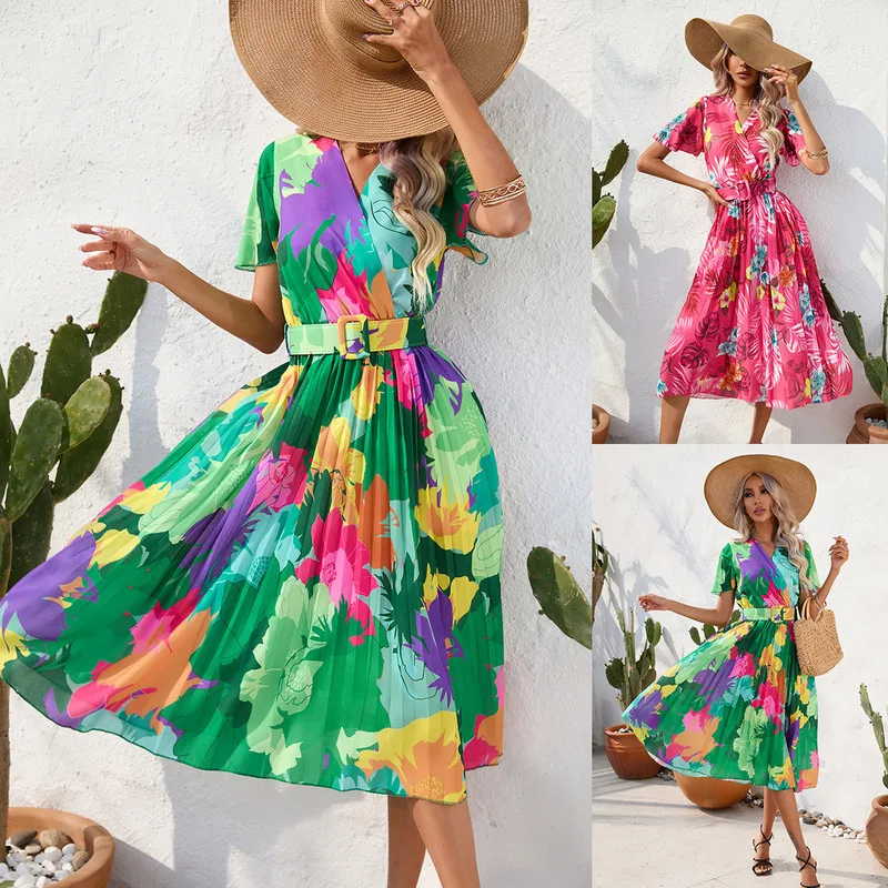 

Women Summer Floral Print Crinkle Midi Short Sleeve Dress Lightweight Comfortable Fashion Casual Beach Dress Trendy Elegant