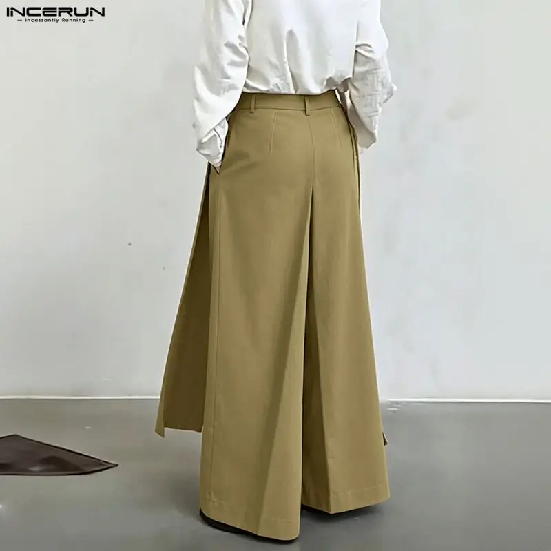 INCERUN Men's Wide Leg Pants Solid Color Button Joggers Loose Wide Leg Trousers For Man Streetwear Pleated Fashion Casual Pants